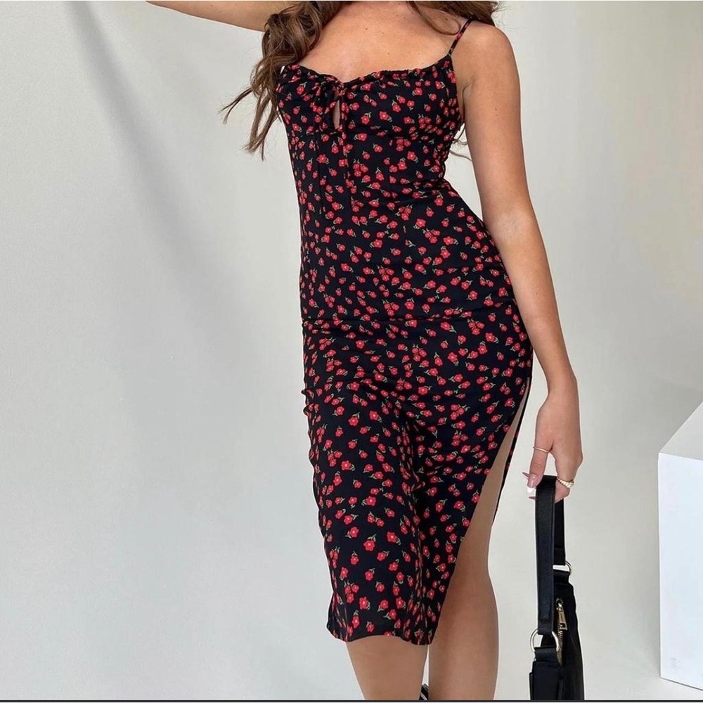 Princess Polly Black‎ Red Floral Midi Dress Milkmaid Tie Front Size US 6